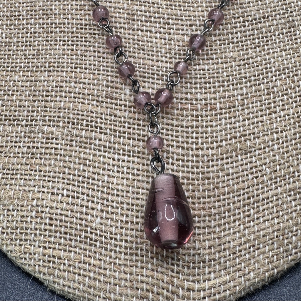 Purple Glass Teardrop Beaded Vintage Chain Pendant Necklace